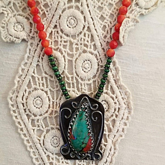 Sonora Sunrise Turquoise & Coral 925 Silver Neckla - Picture 5 of 5